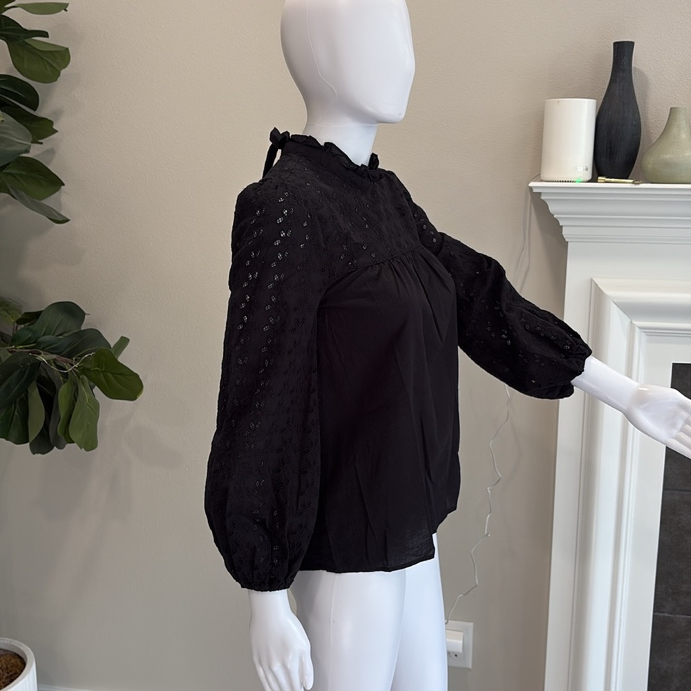 Madewell Black Eyelet Peasant Blouse Sz XXS Ruffle Tie Neck Balloon Long Sleeve - Picture 6 of 12